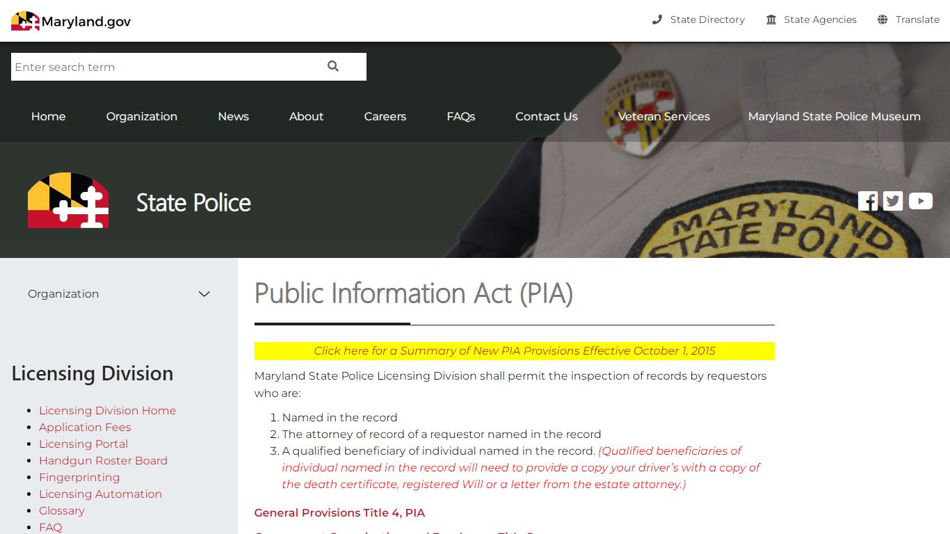 Public Information Act (PIA) - Maryland State Police
